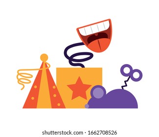 fun surprise box with icons fools day vector illustration design