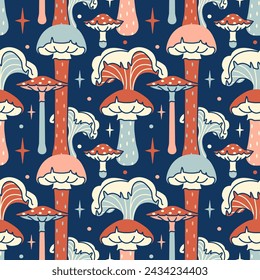 Fun surreal seamless pattern with mushrooms. Vintage dark background with fungi, toadstools and agaric. Playful vision, floral tricky backdrop.