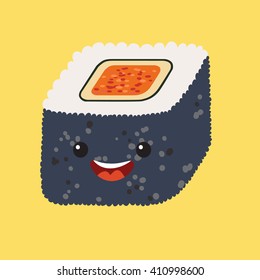 Fun sushi roll vector cartoon character. Cute sushi roll with caviar. Japanese food with cute faces. Happy characters. Vector illustration, isolated on white background