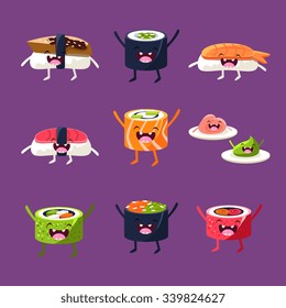 Fun sushi and sashimi. Japanese Food with cute faces, happy. Vector illustration set