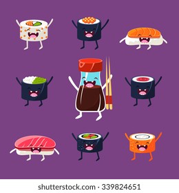 Fun sushi and sashimi. Japanese Food with cute faces, happy. Vector illustration set