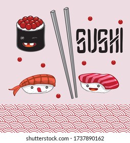 Personaje divertido de dibujos animados de un vector de sushi, muy lindo ilusión con la comida japonesa