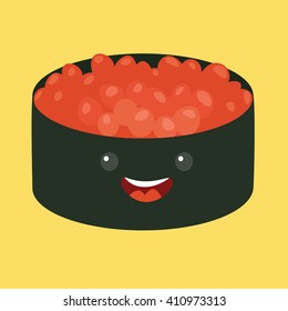 Fun sushi vector cartoon character. Cute sushi with caviar. Japanese food with cute faces. Happy characters. Vector illustration, isolated on white background