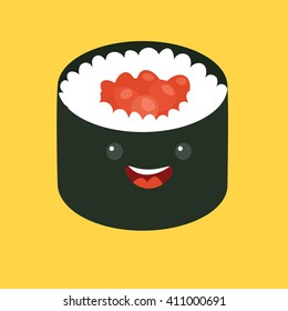 Fun sushi vector cartoon character. Cute sushi roll. Japanese food with cute faces. Happy characters icon. Vector illustration, isolated on white background