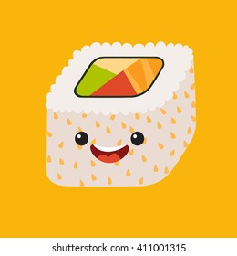 Fun sushi vector cartoon character. Cute sushi roll. Japanese food with cute faces. Happy characters icon. Vector illustration, isolated on white background