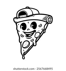 fun swag pizza with cap hat cartoon isolated drawing line art style sketch classic vintage design illustration