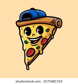 fun swag pizza with cap hat cartoon colored isolated drawing line art style sketch classic vintage design illustration