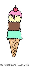 A fun and sweet illustration of an ice cream cone featuring three delicious scoops, drizzled with strawberry syrup and topped with a cherry fruit
