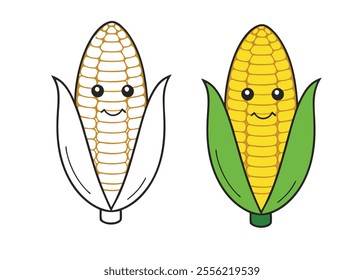 A fun sweet-corn coloring page for kids! Features a cheerful corn on the cob with big eyes, a smiling face, and leafy husks. Perfect for sparking creativity and joy!