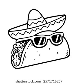 fun taco wearing sombrero and glasses cartoon character isolated drawing line style sketch classic vintage design illustration