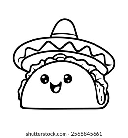 fun tacos with sombrero cartoon character isolated drawing line art style sketch classic vintage design illustration