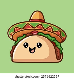 fun tacos with sombrero cartoon colored character isolated drawing line art style sketch classic vintage design illustration