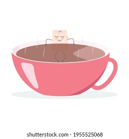 A fun tea bag relaxes in the hot water in the cup.