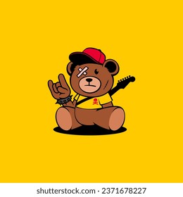 fun teddy bear logo design. Vector illustration of fun teddy bear wearing a hat and holding a guitar against. modern logo design vector icon template