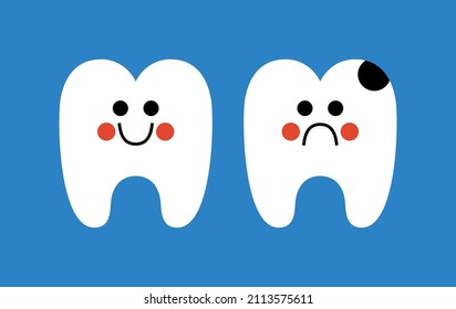 Fun teeth poster. Happy tooth and sad tooth. Vector illustration.