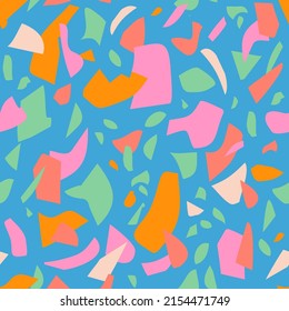 Fun terrazzo flooring seamless pattern. Abstract marbling geometric shape background. Creative collage. Vector art illustration for bold modern design, wrapping paper, funky fabric, textile, wallpaper