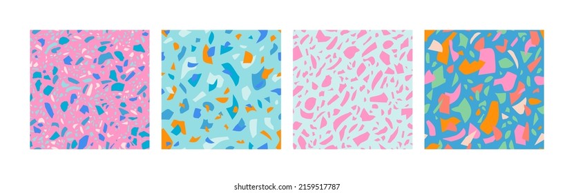 Fun terrazzo flotando un conjunto de patrones sin fisuras. Resumen de la colección de fondo de formas geométricas de mármol. Collage creativo. Ilustración vectorial de diseño moderno audaz, papel envolvente, tela, textil
