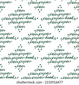 A fun text base illustration as seamless pattern design featuring the word book, pen and paper. Typography pattern design