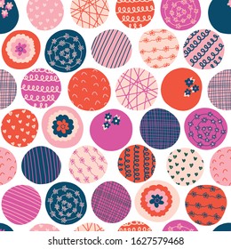 Fun textured circles seamless vector pattern. Pink, red, purple, blue dots repeating background. Abstract modern hand drawn doodle backdrop for textile, fabric print, decor, packaging, kids market
