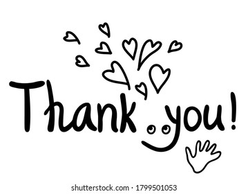 Fun Thanks card with text and hearts decoration. Hand draw black graphic background illustration on white