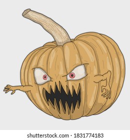 Fun themed cartoon of scary pumpkin for halloween holiday party in October. Vector illustration for use in graphic and web design. 