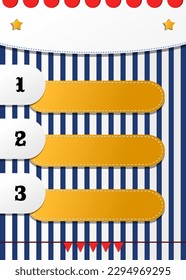  Fun three numbered positions list vector design for children. Circus, or fair, or festival striped colorful empty flyer template. Blank festive agenda background