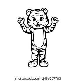 Divertido tigre mascota chico dibujado a mano para colorear diseño de ilustración de dibujos animados