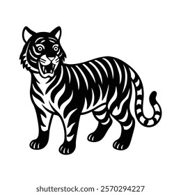 Fun tiger silhouette in playful position vector icon