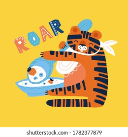 Fun tiger with spoon and plate eating porridge with berries. Flat hand drawn vector illustration. Roar doodle lettering quote.