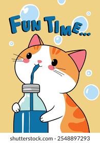 Fun Time Cartoon Cat Illustration with a Bottle and Bubbles on Yellow Background  
