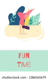 Fun Time Lettering Flat Card and Sporty Woman Doing Handstand. Yoga Exercise Recreation Outdoors Motivate Summertime. Concept Cartoon Vector Illustration Invitation Landing Page, Mobile Application