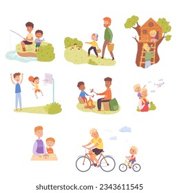 Fun time together of father and son set vector illustration. Cartoon dad and happy boy play at home or ride bikes outdoor, building tree house and fishing, active leisure and sport game of family