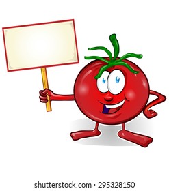 fun tomato cartoon with signboard isolated on white background