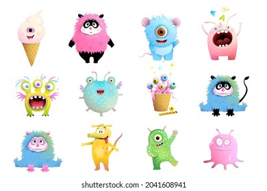 Fun toy monsters collection for children. Isolated clipart with funny imaginary monsters and creatures, funny smiling toys collection. Vector isolated monster characters for children.