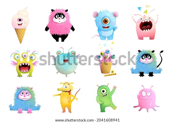 Fun toy\
monsters collection for children. Isolated clipart with funny\
imaginary monsters and creatures, funny smiling toys collection.\
Vector isolated monster characters for\
children.