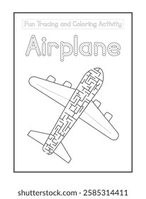 Fun Tracing and Coloring Activity, Airplane Maze Puzzle Worksheet for Kids