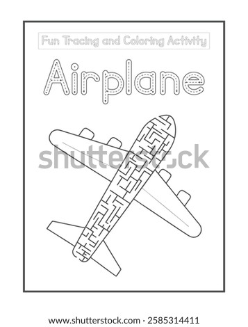 Fun Tracing and Coloring Activity, Airplane Maze Puzzle Worksheet for Kids