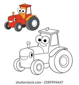 A fun tractor cartoon coloring page featuring a cute, detailed farm tractor with big wheels and simple outlines, perfect for kids to color and enjoy!