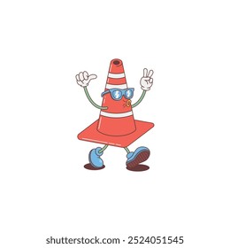 Fun traffic cone character with a peace sign on the left and thumbs-up on the right. Walking with sunglasses, in vibrant orange-red. Perfect for posters, stickers, and retro-themed designs.