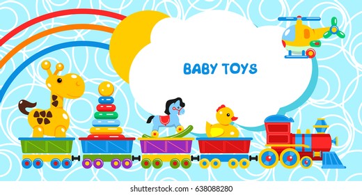 Fun train carries children's toys. The cars go giraffe, pyramid, rocking horse, duck. The helicopter flies. The sun and the rainbow from behind the clouds .Vector illustration.