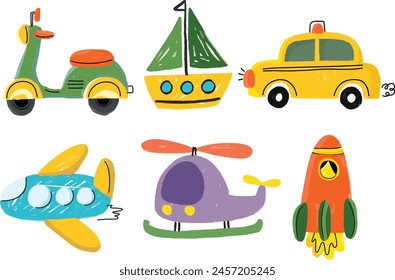 Fun Transportation Toys Chalk Crayon style set Illustration Vector