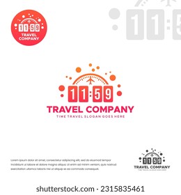 Fun Travel time clock logo symbol vector using watch, plane, bubbles and number time.
