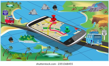 The fun of traveling on holidays. Van travel with all the required luggage, islands, rapids, mountains, seas, cruises,climbing,camping,GPS. Lead the way. Illustration,