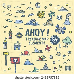 Fun treasure map elements for summer baby kids boy girl sea sailor ocean captain