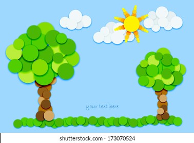 Fun trees, sun and clouds made of color circles with shadows on blue background