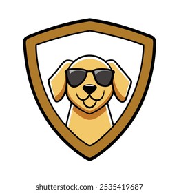  A fun and trendy mascot logo featuring a cool dog wearing sunglasses inside a shield, perfect for representing brands related to pet care, protection, or lifestyle with a modern, playful twist.