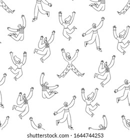 Fun trendy people jumping in the air with raised hands. Seamless anthropomorphic pattern. Vector illustration in doodle style