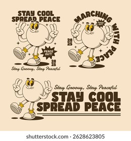 A fun trio of retro characters promoting peace, coolness, and groovy positivity for
