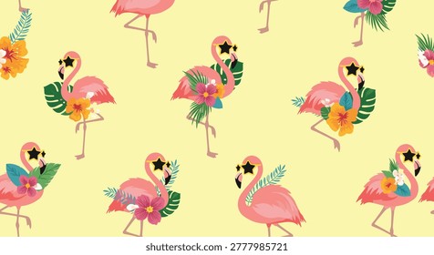 Fun and tropical seamless pattern featuring pink flamingos wearing star shaped sunglasses and adorned with flowers.