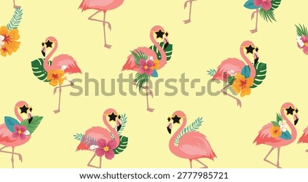 Fun and tropical seamless pattern featuring pink flamingos wearing star shaped sunglasses and adorned with flowers.